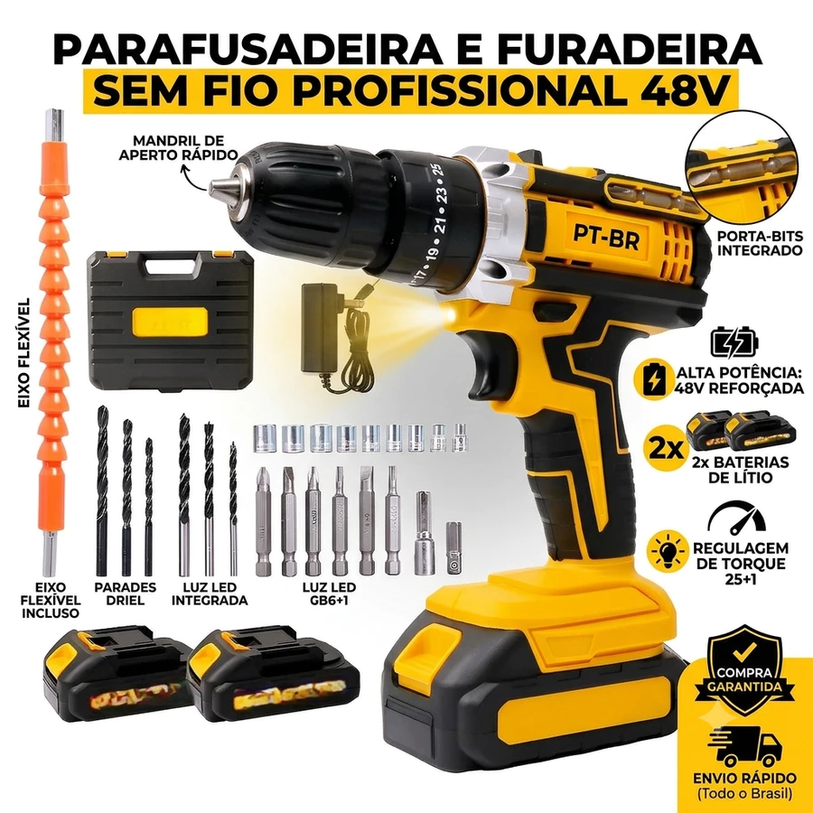 Furadeira/Parafusadeira de Sem fio, Bateria de 12V/48V, Com ou sem Mala, Bivolt