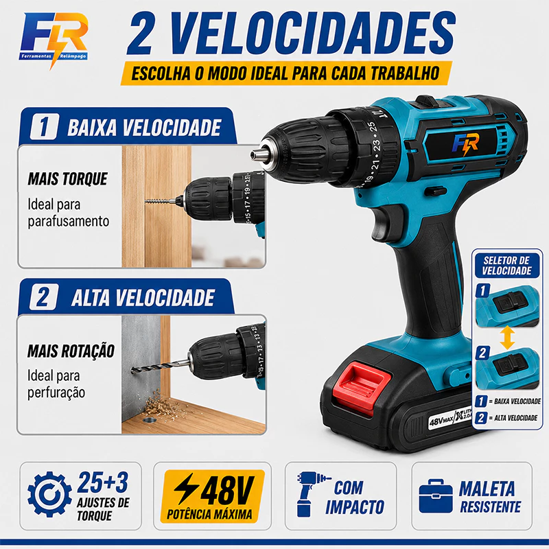 Parafusadeira Furadeira de Impacto 48V Sem Fio Kit 27 Peças com Maleta e Acessórios